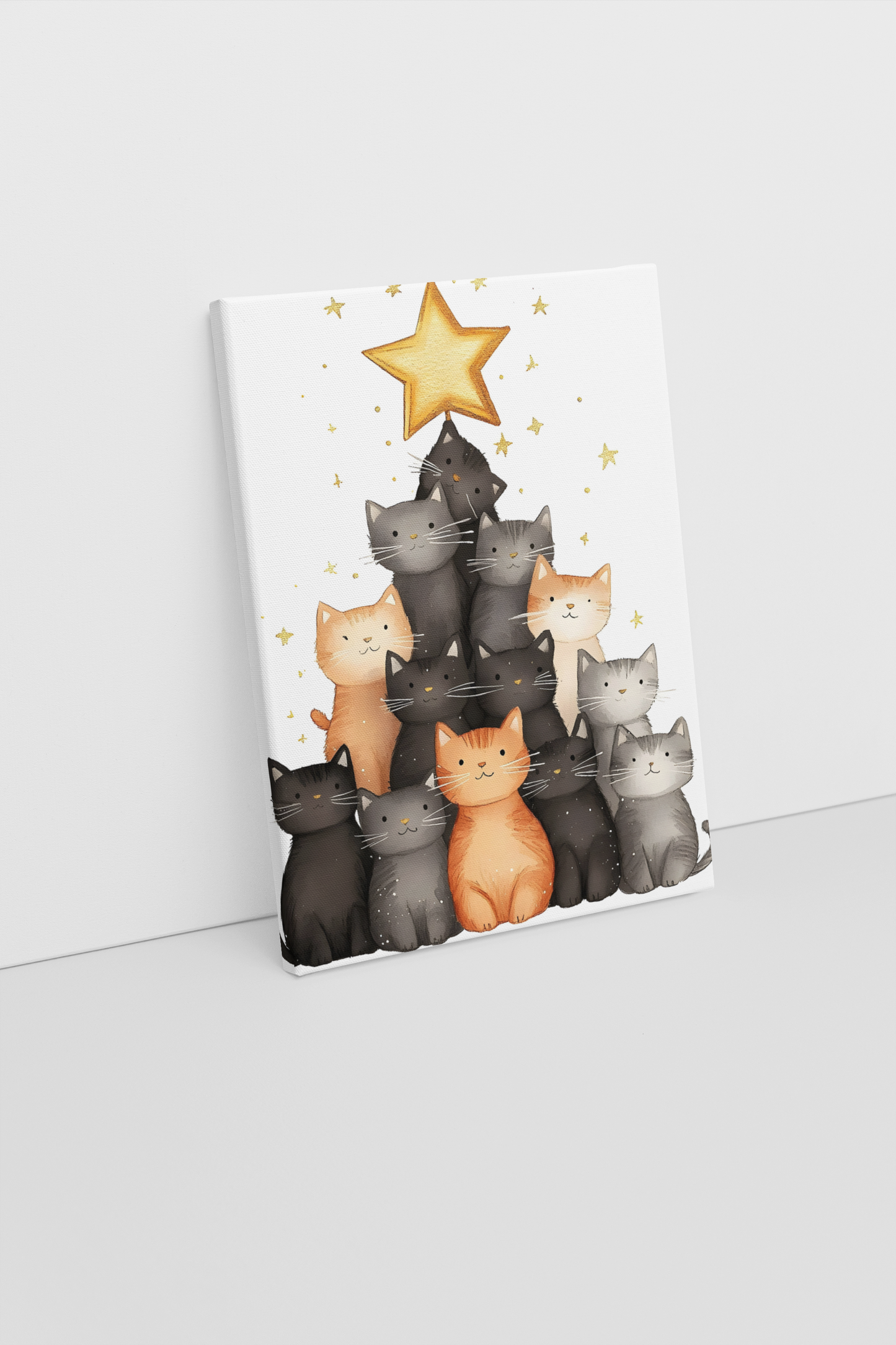 Christmas Cat Tree Canvas Print | Festive Feline Holiday Wall Art | Whimsical Cat Stack with Star Topper