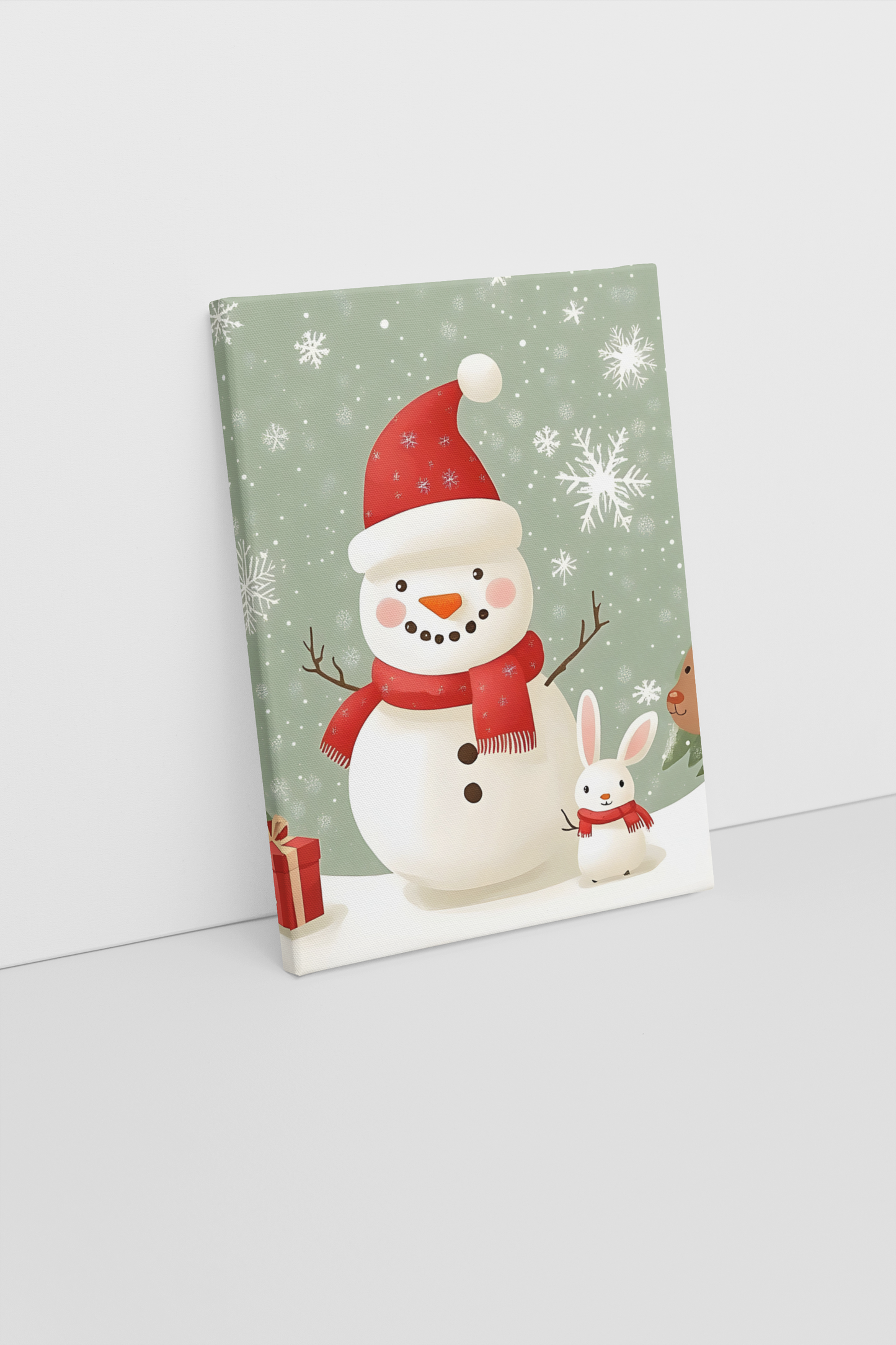 Christmas Snowman & Bunny Winter Scene Art Print – Festive Holiday Canvas with Snowflakes and Gift