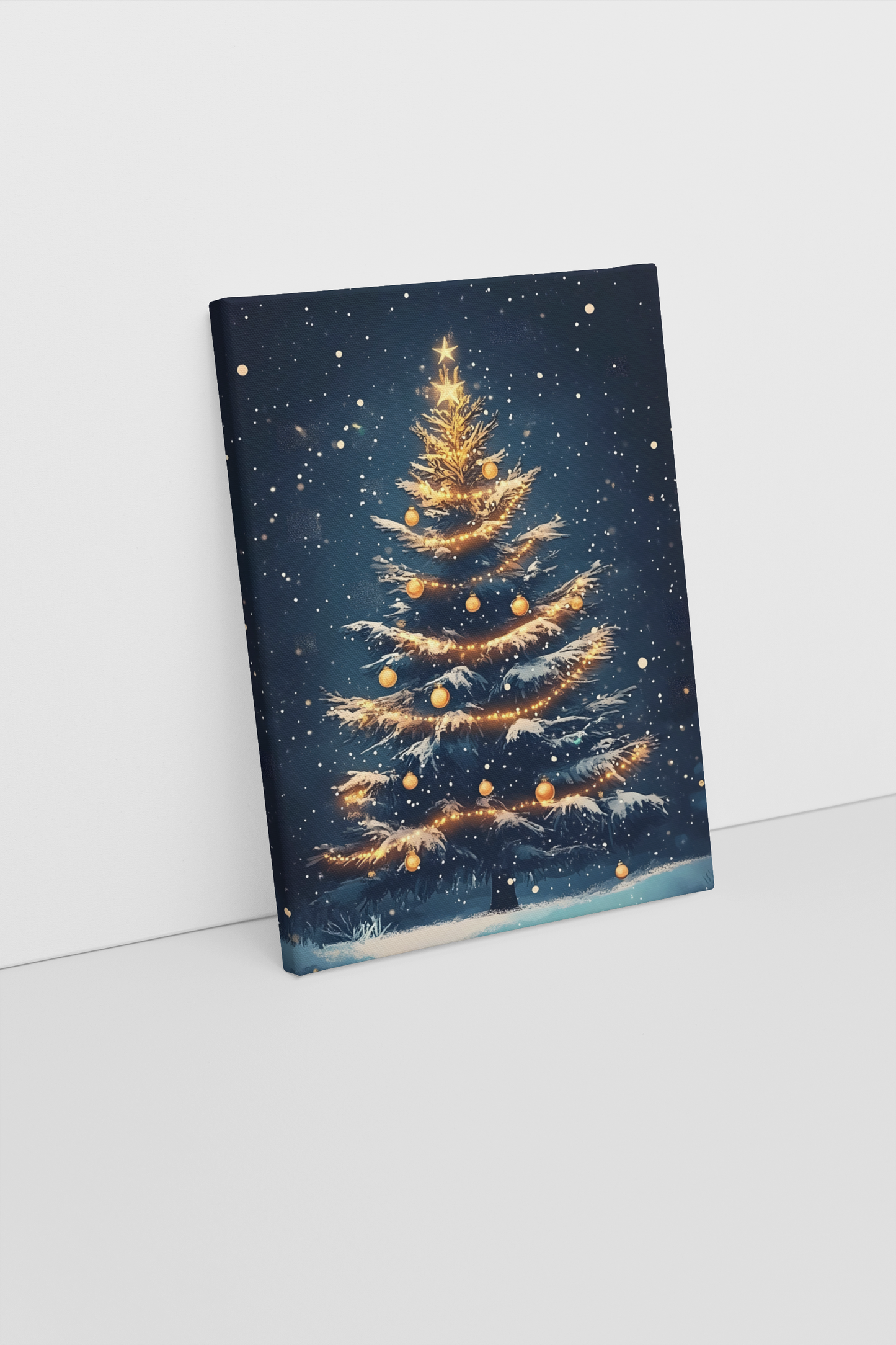 Christmas Tree with Golden Lights Canvas Art - Winter Holiday Lit Tree Snow Scene