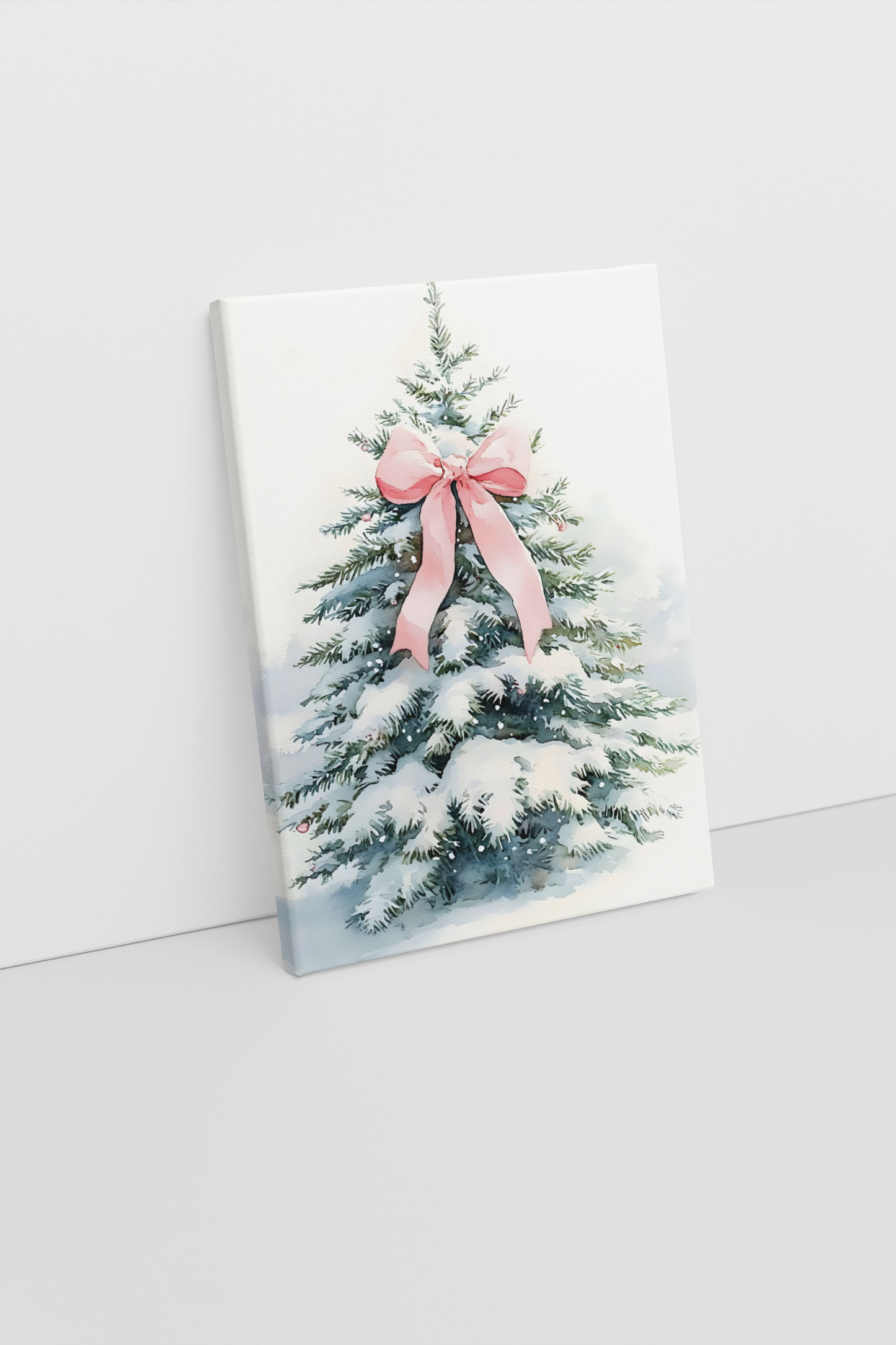 Elegant Christmas Tree Canvas Art with Pink Bow | Snow-Covered Holiday Decoration | Festive Wall Print