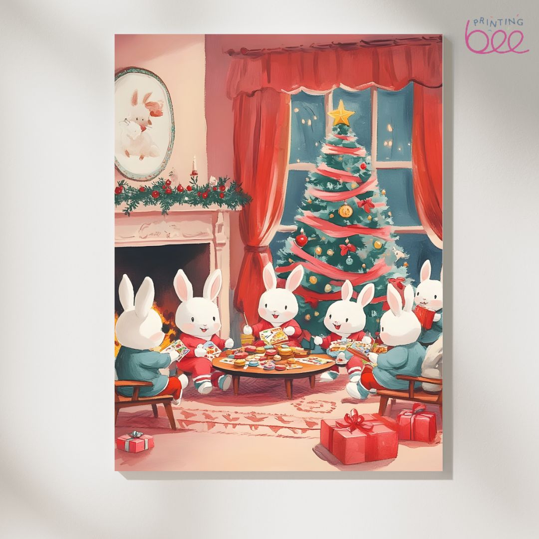 Festive Bunny Family Canvas Art - Christmas Tree Scene with Bunnies and Presents
