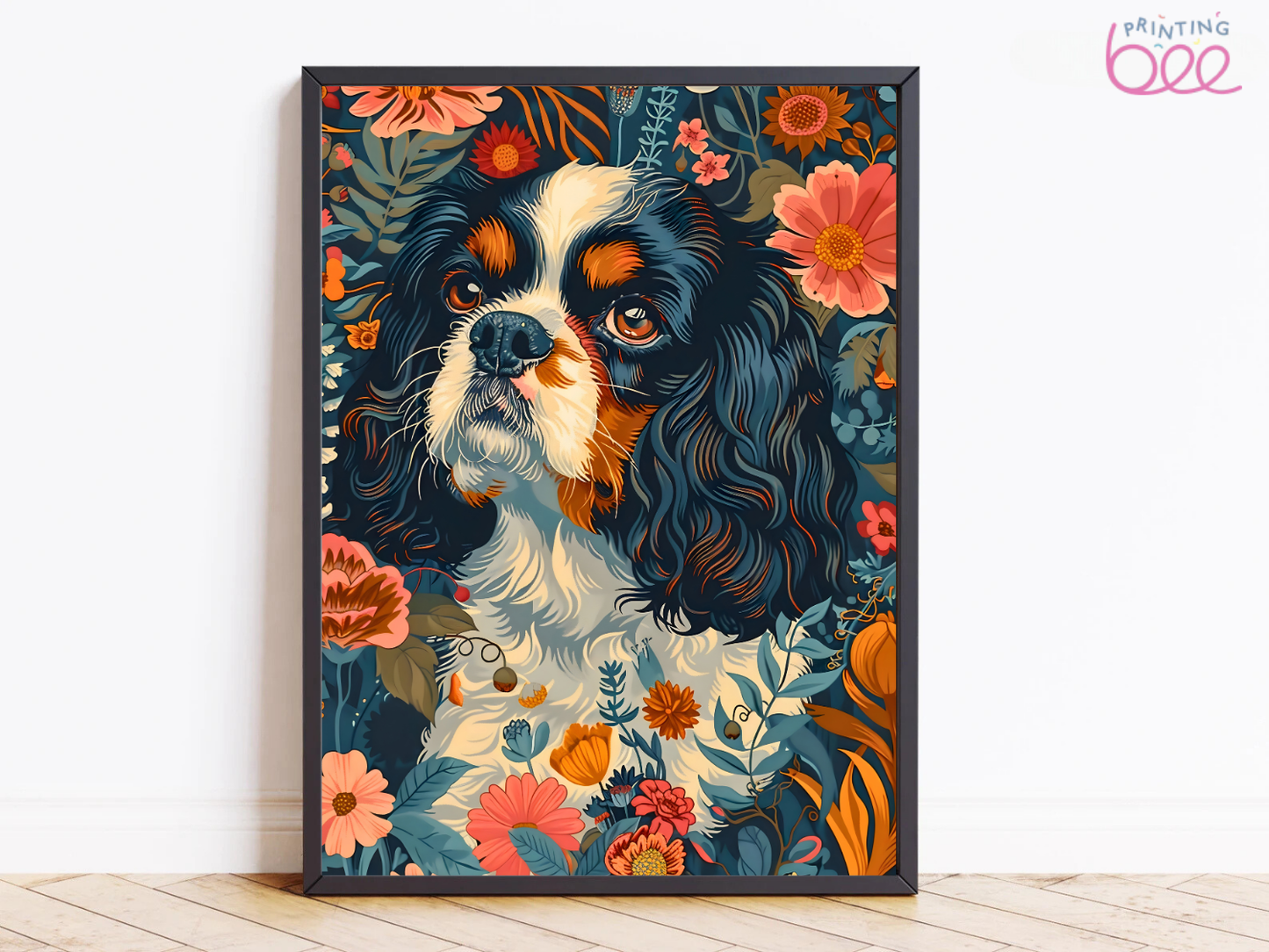 William Morris Cavalier King Charles Spaniel Motif – Floral Art Print on Canvas and Paper