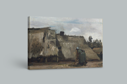 Vincent van Gogh’s "Rural Life" – Thatched Roof Cottages with Farmer Canvas Print