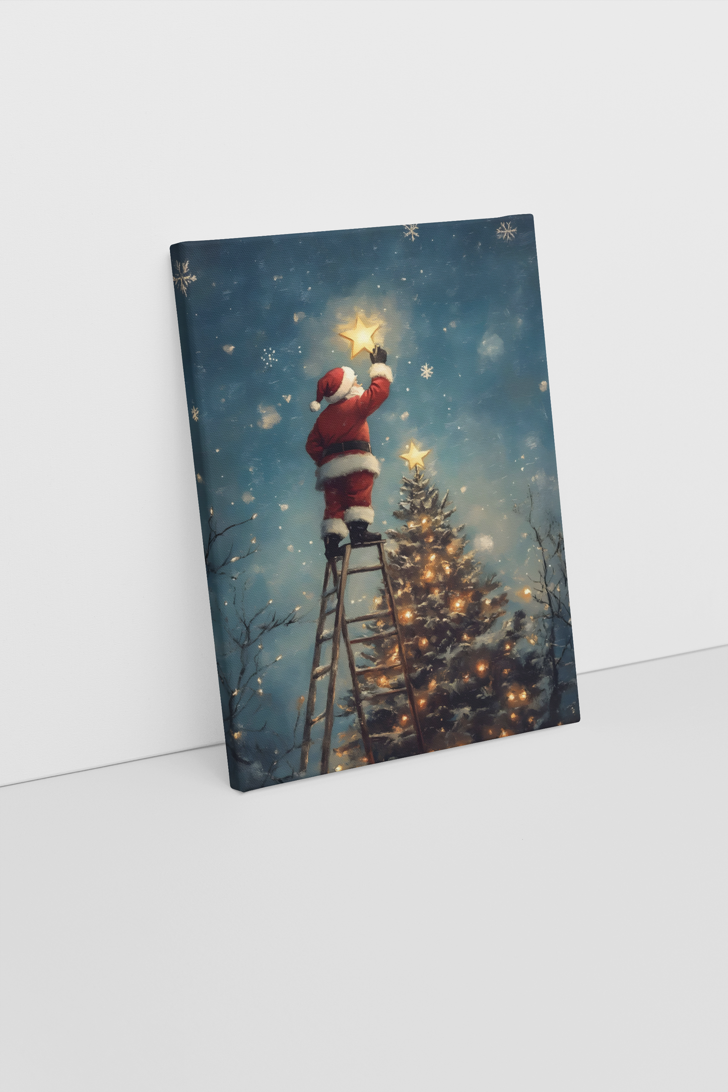 Santa Decorating Christmas Tree with Star - Festive Holiday Art Print for Christmas Decor