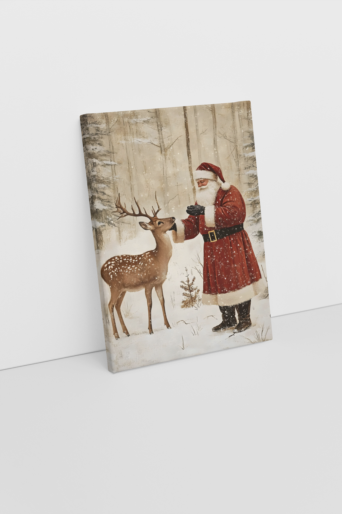 Santa and Reindeer Christmas Canvas Art Print - Vintage Winter Holiday Wall Decor