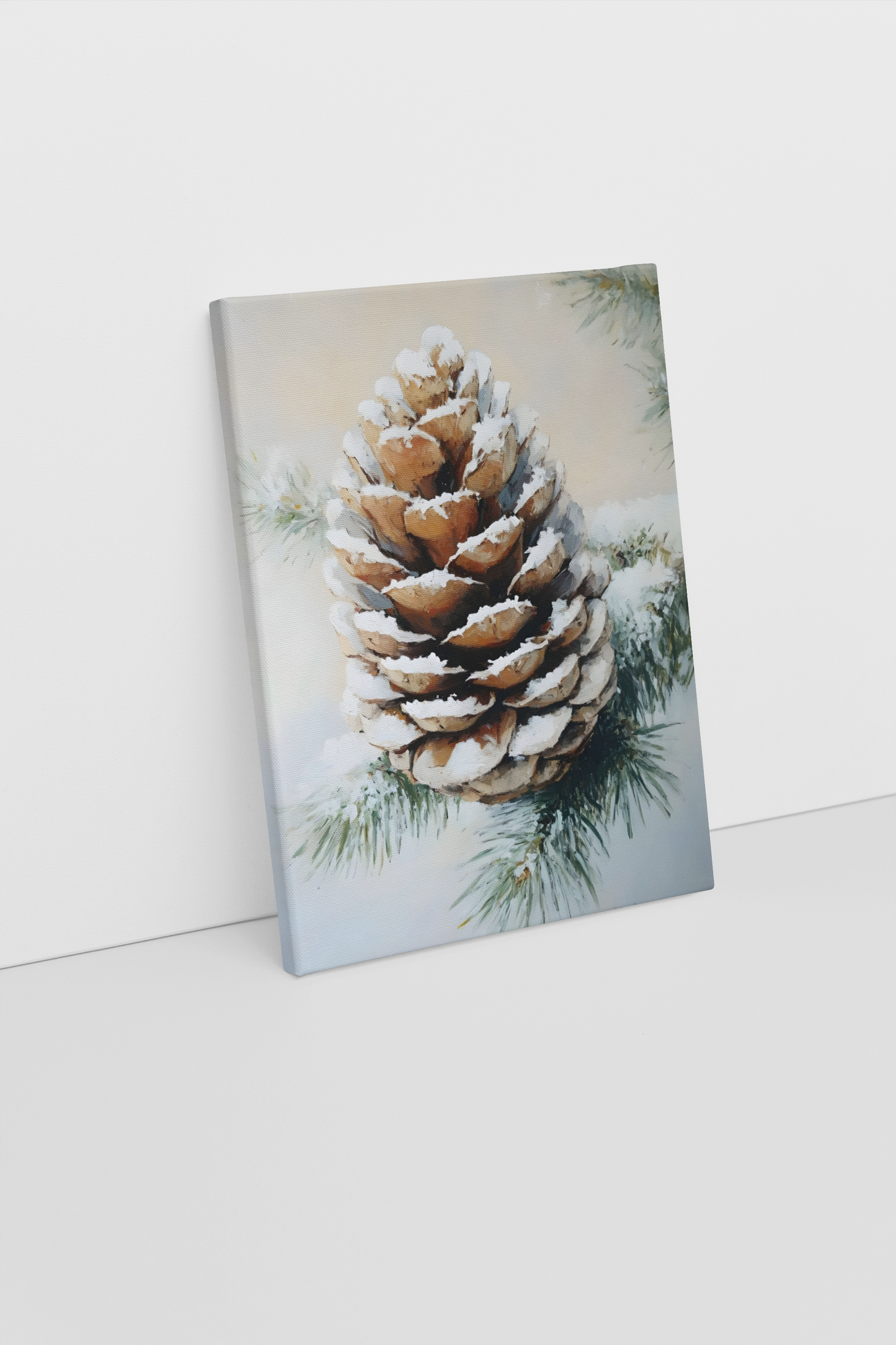 Snowy Pine Cone Canvas Wall Art – Winter Woodland Decor, Nature-Inspired Christmas Print