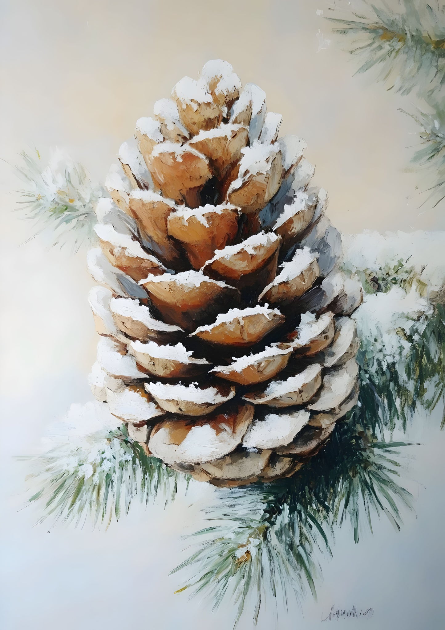 Snowy Pine Cone Canvas Wall Art – Winter Woodland Decor, Nature-Inspired Christmas Print