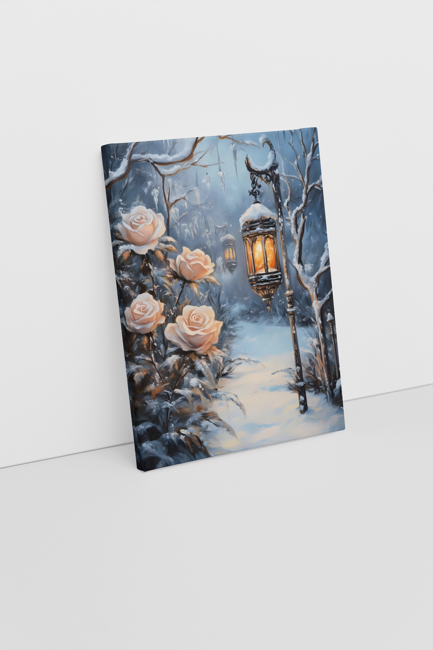 Winter Wonderland Lantern and Roses Art Print Canvas - Enchanting Snowy Scene with Glowing Lantern
