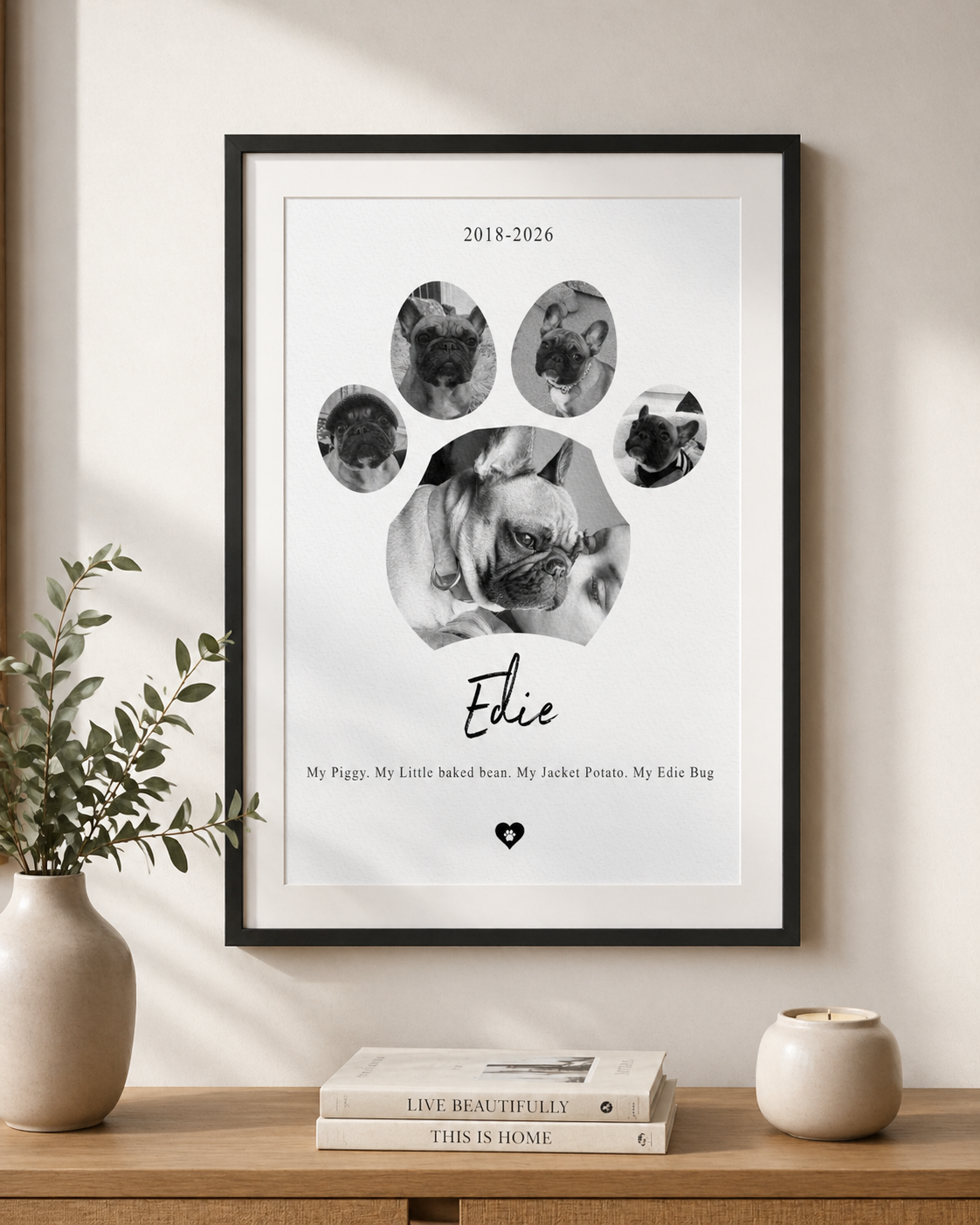 Dog paw memorial collage created from five pet photos, shown framed