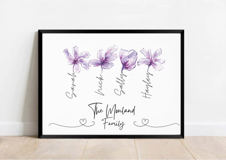 Personalised Family Flower Print, Family Portrait Gift, Birthday Flower Print, Our Family Wall Art, Friendship Print, Mum Christmas Gift