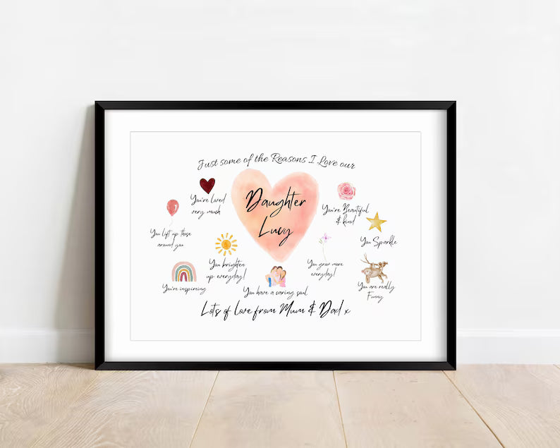 Personalised Mother Daughter Gift, Lots of Reasons I Love You, Gift for Daughter Mum Dad, Daughter Birthday Print, Daughter Affirmation