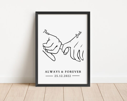 Personalised Couples Anniversary Print | Custom Hands Line Art | Gift for Girlfriend Boyfriend | Birthday Gift Print for Wife | Line Art