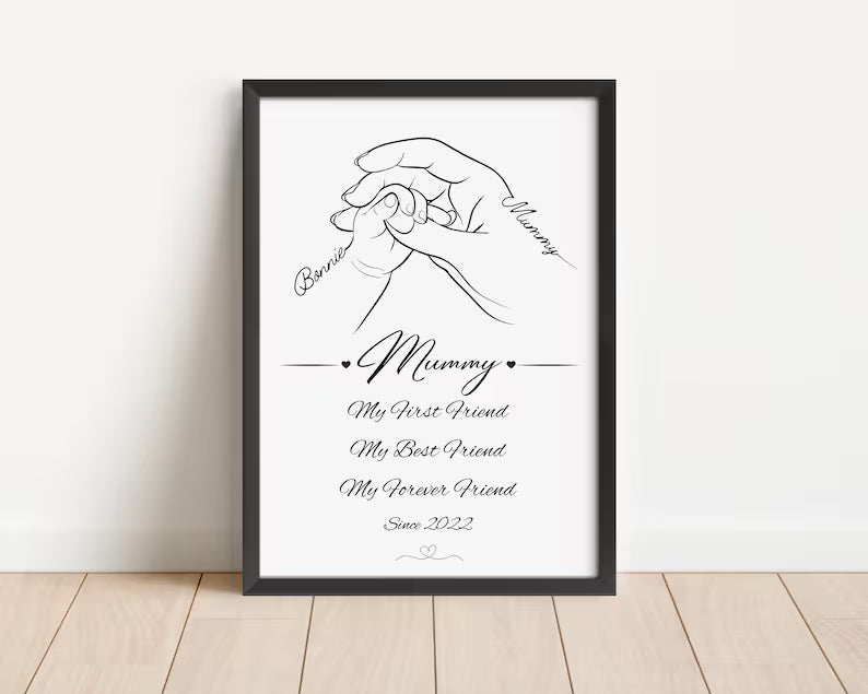 Custom Mum and Baby Line Art Print, Personalised Mother's Day Gift, Mum First Best Friend Quote, New Mummy Birthday Gift, Baby Hand Decor