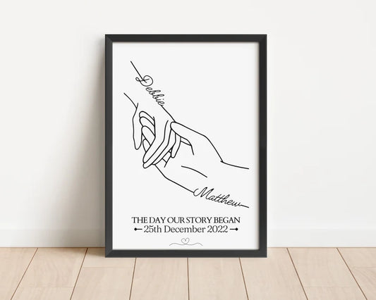 Custom Anniversary Print, Hands Minimalist Line Art, Valentines Day, Wedding Gift, Personalised Gift for Wife, Gift for Girlfriend Boyfriend
