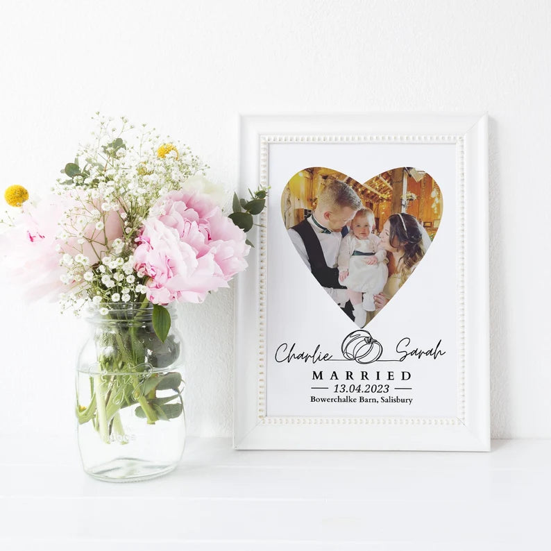 Personalised Wedding Photo Gift, Custom Heart Picture Frame, Married Name Date Venue Gift Print, Couple Wall Art, First Anniversary Keepsake