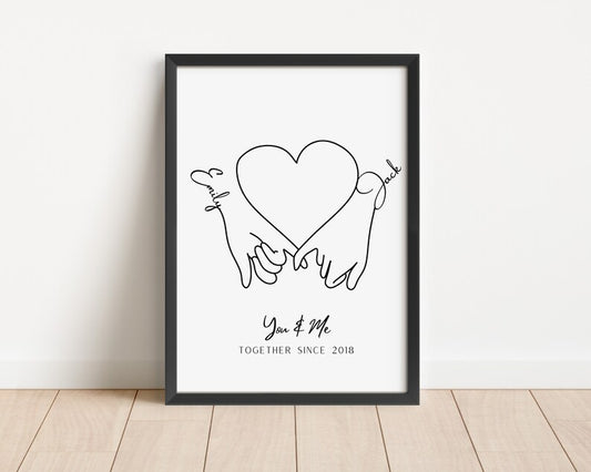 Personalized Couple Hand in Hand Line Art Print with Names and Heart, Custom Anniversary Gift, Minimalist You and Me Wall Decor, Hands Gift