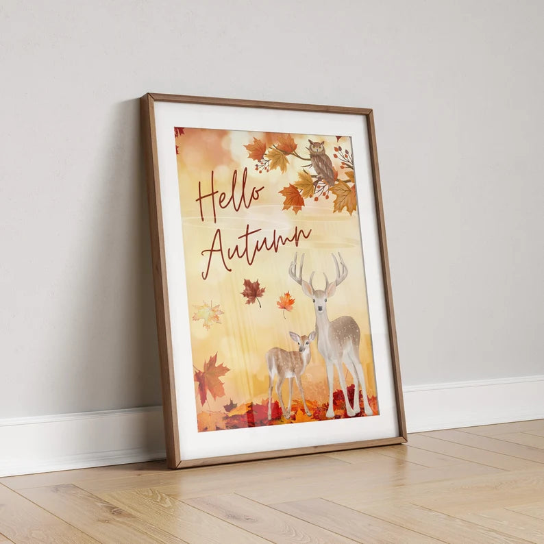 Autumn Leaves Poster, Hello Autumn Print, Deer Watercolour, Autumnal Decor, Seasonal Fall Wall Art, Autumn Vibes, Fall Theme Printable