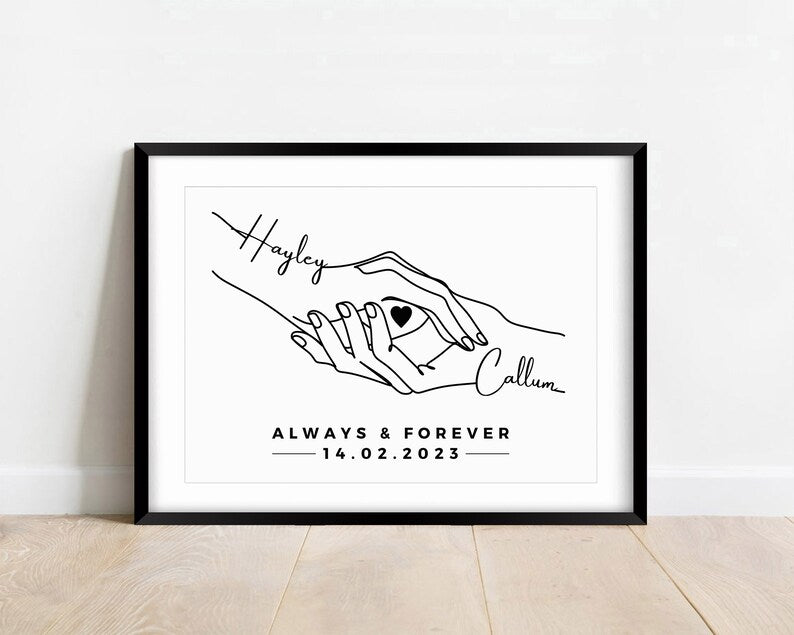 Custom Anniversary Gift, Couple Print, Husband & Wife Gift, Personalised First Anniversary, Fiance Birthday Gift, Valentines Day, Unframed