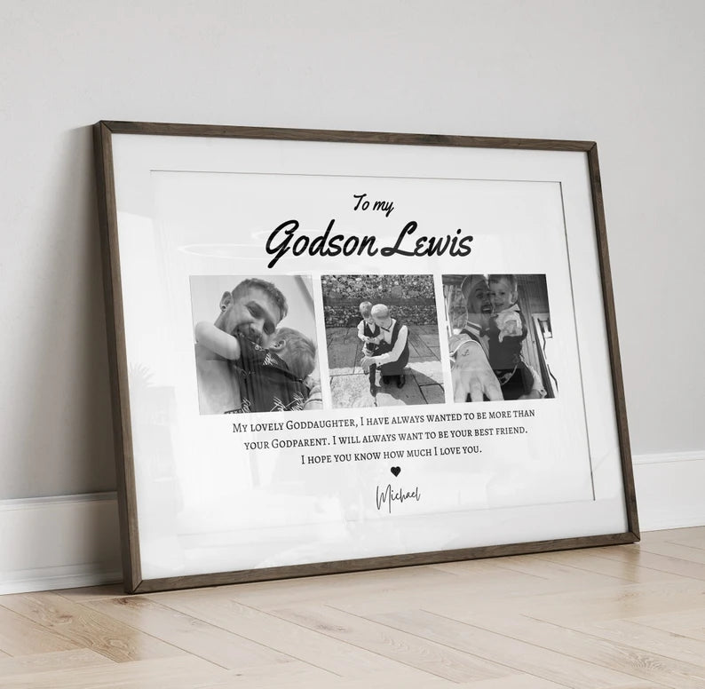 Personalised Godson Photo Gift, Custom Godson Birthday Gift from Godparents, Godchild Gift, Christening Framed Gift, Baptism Keepsake Art