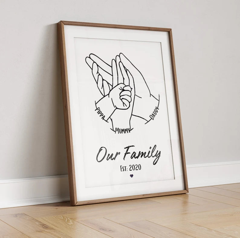 Personalised Family Hands Print, Baby Keepsake Gift, Mothers Day Gift Newborn, Custom Line Art Gift, New Mummy Daddy Gift, Mum Birthday Gift