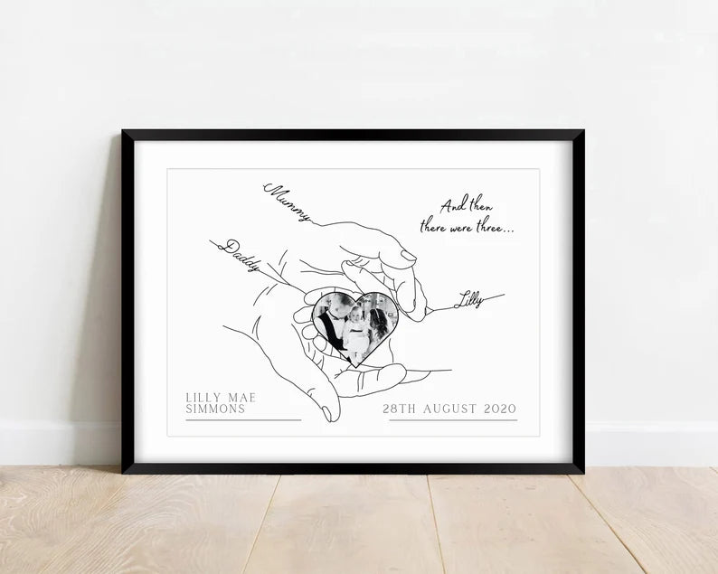 Personalised Newborn Baby Poster, Photo Gift for New Family, Minimalist Line Art Print, Baby Shower, Name and Birth Date, New Mum Birthday