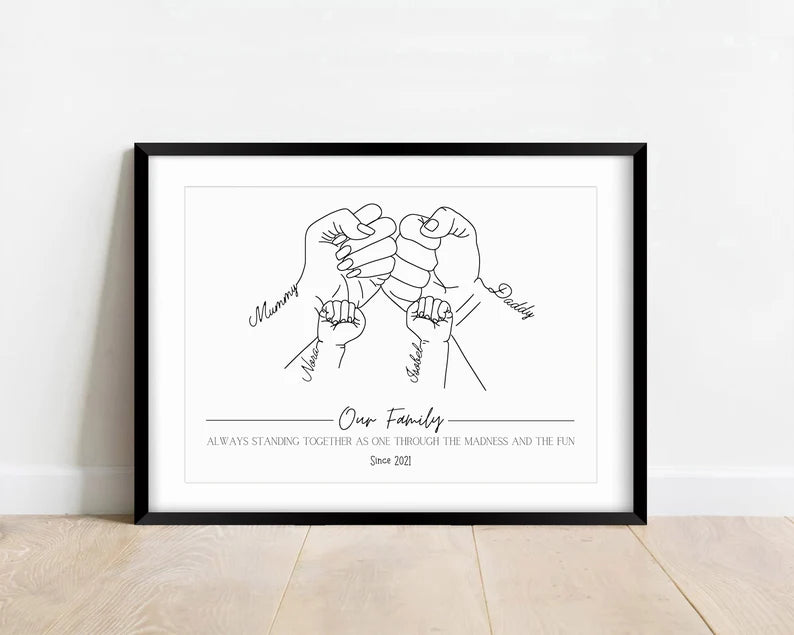 Personalised Family Print, New Baby Newborn Birthday, Fist Bump Wall Art, Minimalist Line Art, Baby Shower, First Second or Third Child Gift