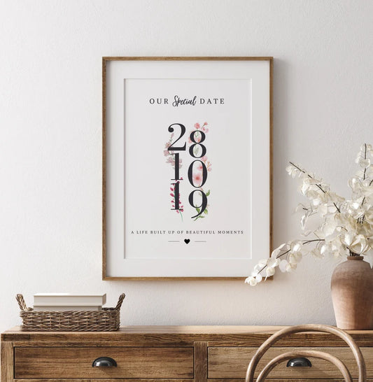 Custom Anniversary Special Date Print | Custom Wedding Milestone Gift | Date Gift for Wife Husband Birthday | Flroal Gift for Her