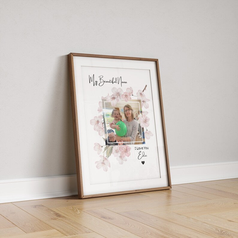 Custom Nana Gift from Grandchild, Personalised Nana Photo Frame, My Beautiful Nana Floral Print, Gift for Grandma Birthday or Mother's Day