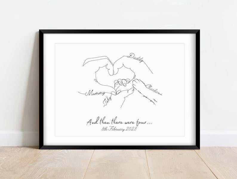 Personalised Family Hands with Cat Paw, Gift for New Baby, New Mummy Daddy Gift, Mothers Day, Mum Birthday Gift, Cat Mum Gift, Pet Owner Art