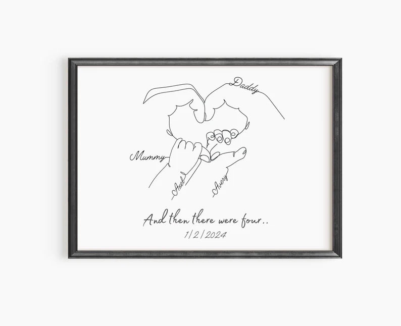 Personalised New Baby Print, Second Newborn Gift Mum, Family of Four Art, New Family, Minimalist Line Art, Two Children, Mum Anniversary