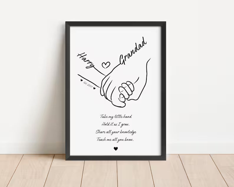 Personalised Grandad and Child Handprint Art | Custom Grandfather Gift | Fathers Day Gift | Nursery Wall Art | Baby and Grandparent Keepsake