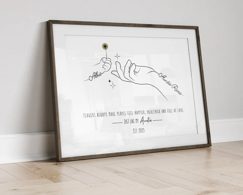 Custom Auntie Flower Gift, Custom Aunt Line Art Print with Names and Flower, Aunty Birthday Gift from Niece or Nephew, Unique Auntie Present