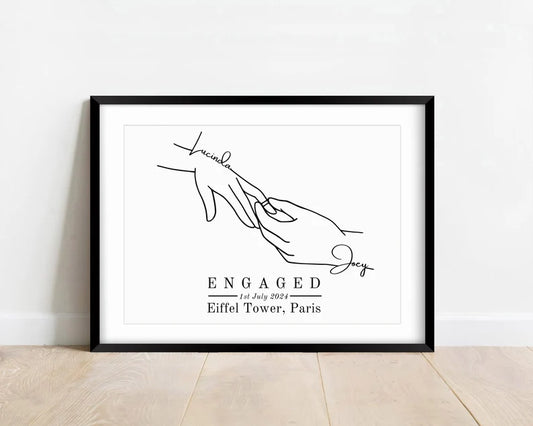 Custom Engagement Gift, Personalised Engaged Hands Print, Gift for Newly Engaged Couple, Best Friend Present for Engagement, Fiancé Gift Art
