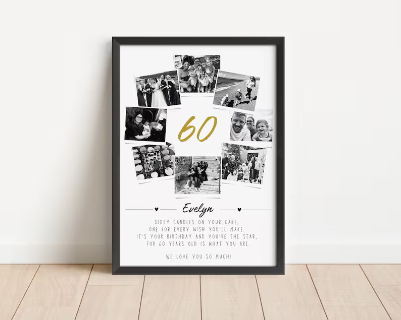 Personalised 60th Birthday Photo Collage, 60th Birthday Gift, Sixty Years Wall Art, Polaroid Photo Decor, Unique Gift, Milestone Birthday