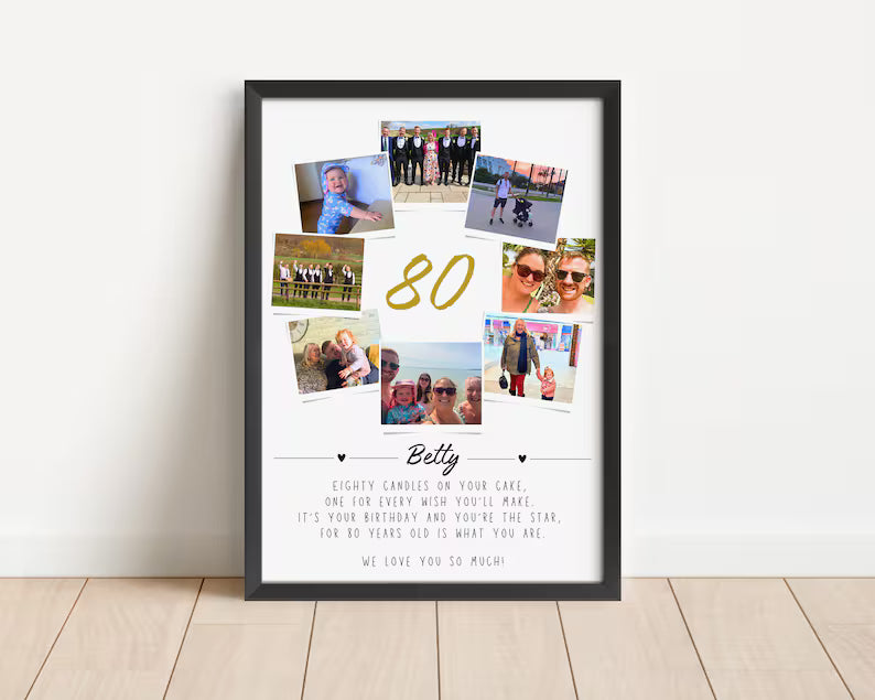 Personalised 80th Birthday Gift, Photo Collage, 80th Celebration, Milestone Birthday Art, Polaroid Photo Decor, Unique Gift Mum Sister Dad