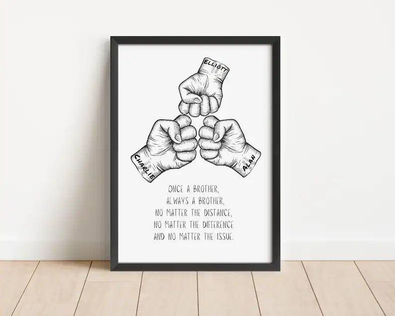 Brotherhood Wall Art | Fist Bump Illustration | Inspirational Quote | Framed Wall Print Brothers | Sibling Christmas Bond | Friendship Art