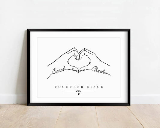 Custom Couple Line Art Print, Personalised Hands Forming Heart, Names and Date Print, Minimalist Anniversary Gift, Valentines Day Gift Print