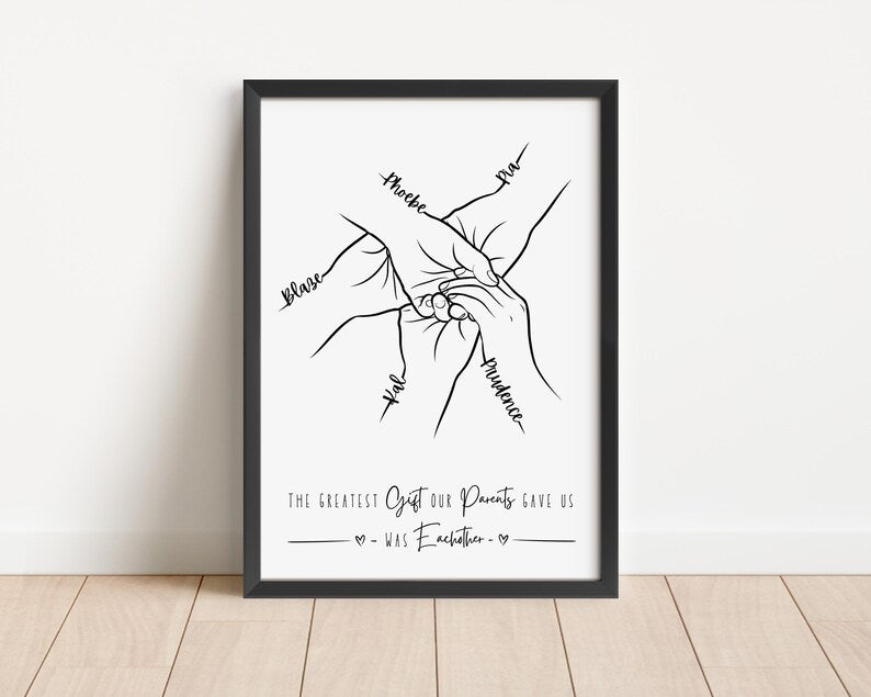 Personalised Siblings Print, 1 to 4 Adult Hands, Minimalist Line Art, Sister Birthday Gift, Brother and Sister Poster, Family Framed Present
