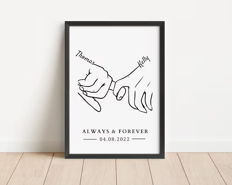 Personalised Couples Anniversary Print | Custom Hands Line Art | Gift for Girlfriend Boyfriend | Birthday Gift Print for Wife | Line Art