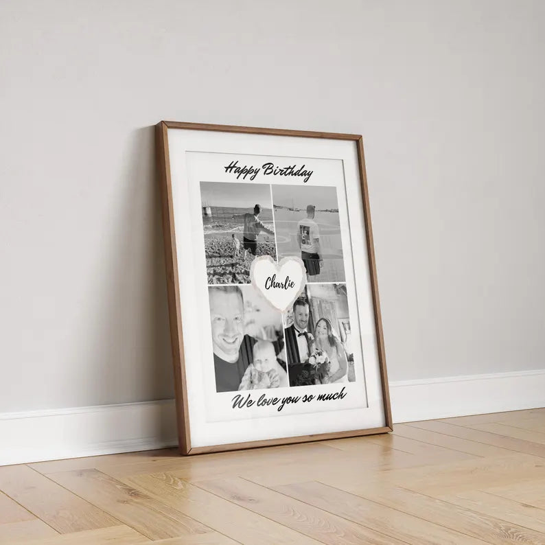 Personalised Birthday Gift Print, Picture Collage Photo Frame for Him, Family Portrait Gift, Unique Gift Mum Dad Wife Partner, Birthday Gift