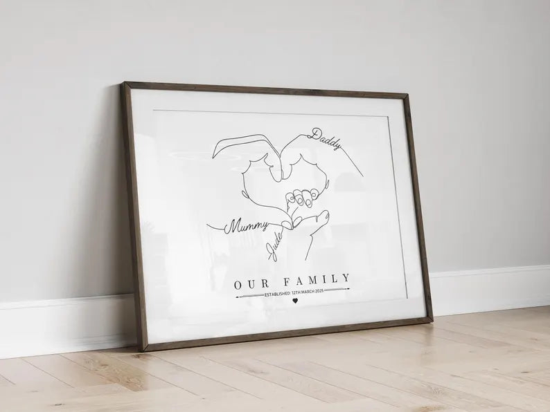 Personalised Family Line Art Print, Custom Minimalist Family Hand Art, 1 to 3 Baby Hands and Dog Paws, Newborn Baby Gift, New Parent Gift