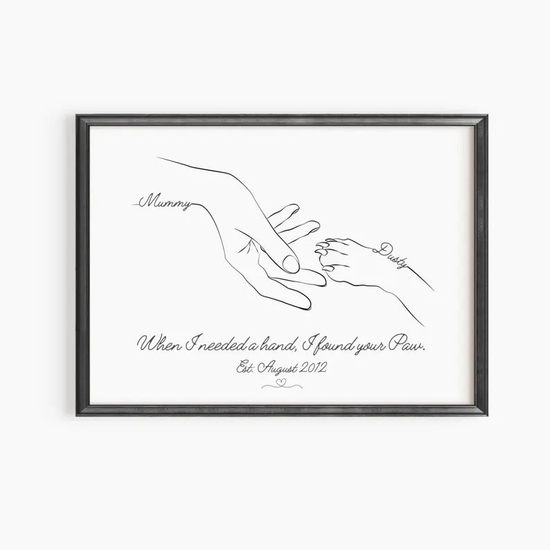 Custom Pet and Owner Gift, Personalised Paw Hand Drawing, Pet Memorial Gift, Dog Cat Keepsake Art, New Pet Adoption Gift, Minimalist Art