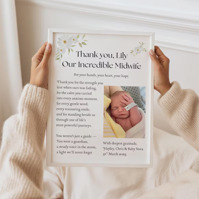 Midwife Thank You Gift Print, Birthing Team Thank You, New Baby Celebration Gift for Midwife, Personalised Floral Quote, Postpartum Gift Art