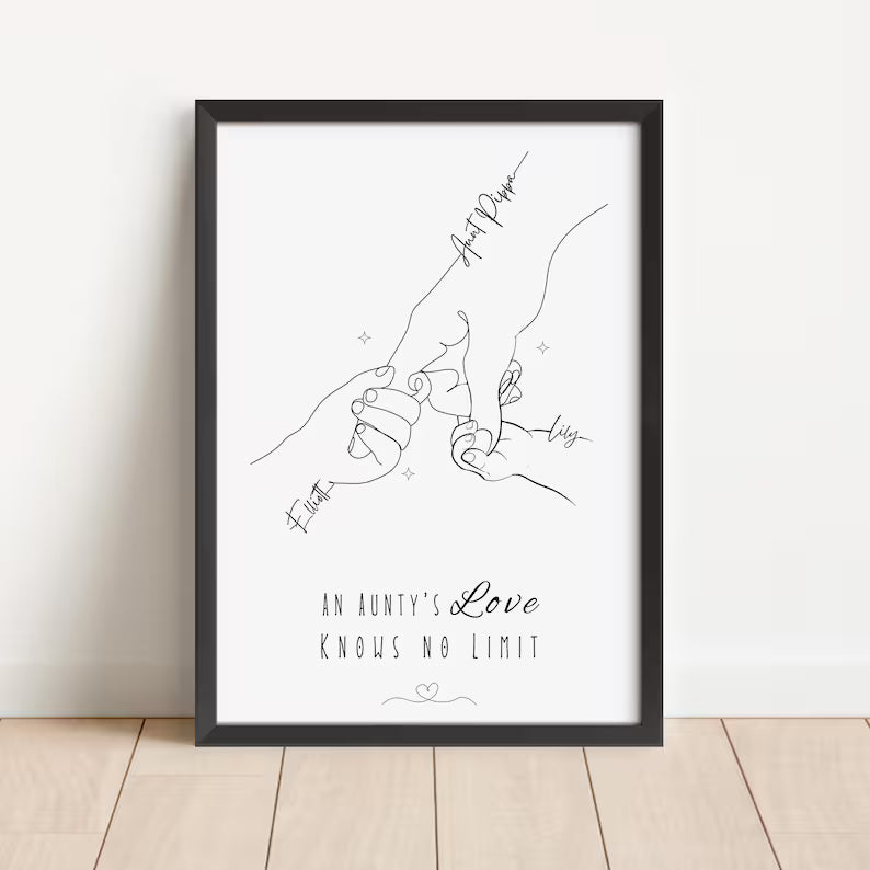 Personalised Auntie & Niece/Nephew Line Art Print, Custom Hand Holding Illustration, Aunt Gift, Minimalist Family Wall Art, Birthday Present