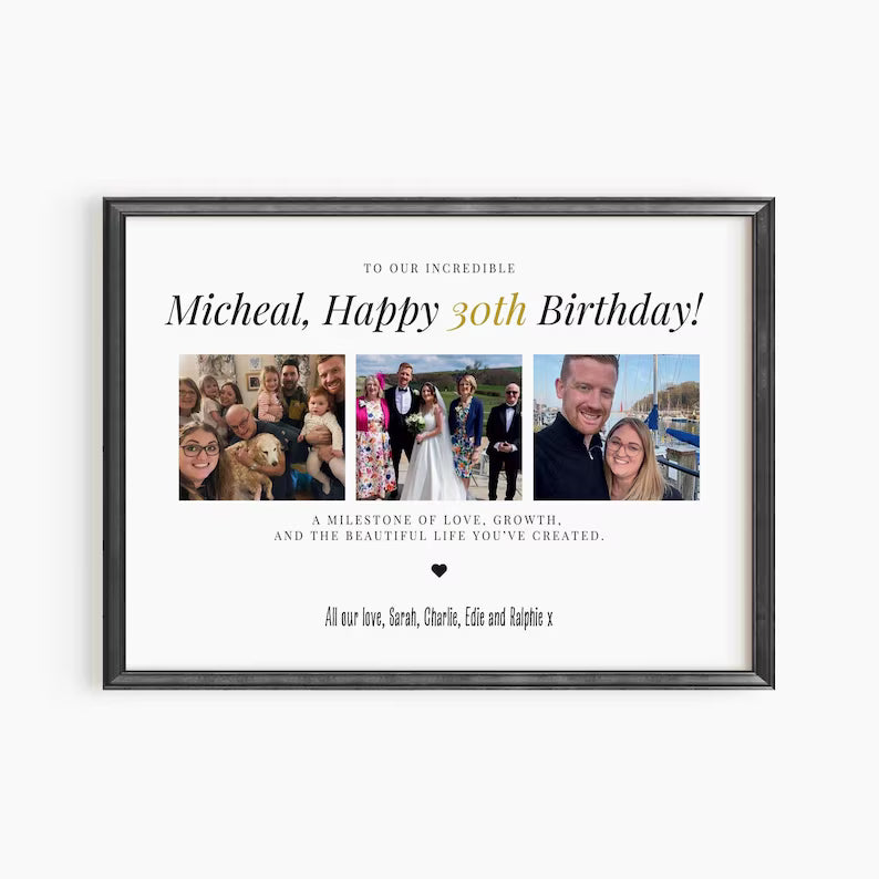 30th Birthday Custom Photo Gift, Milestone Birthday Print, Personalised Gift for 30th Birthday, Birthday Gift Frame for Son Daughter Friend