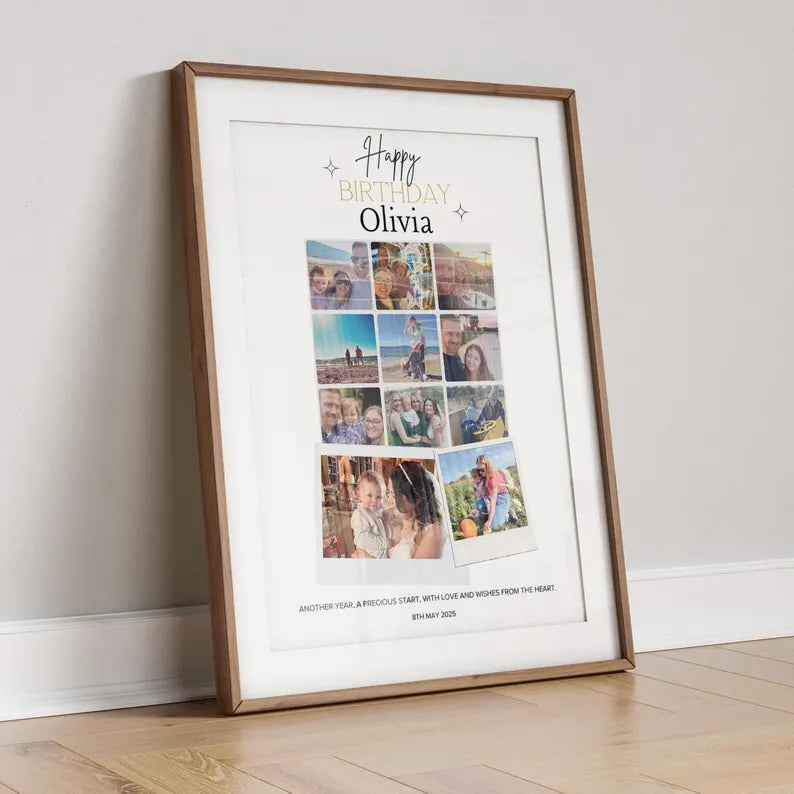 Custom Birthday Photo Collage Gift, Personalised Picture Frame with Name, Message, Photos, Unique Milestone Gift for Her, Mum Wife Friend