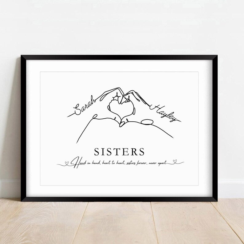 Sisters Custom Gift Print, Heart Hands Wall Art, Family Portrait Gift, Siblings Keepsake, Minimalist Style Sister Gift, Gift for Big Sister