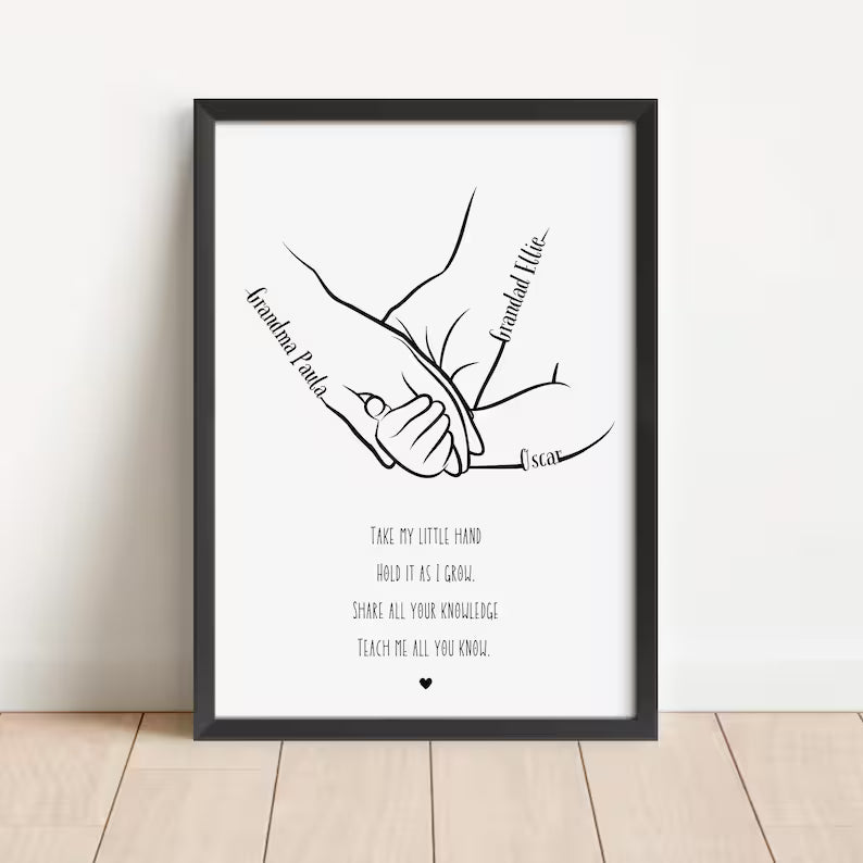 Grandma and Grandad Gift, 1 to 4 Child Hands, Minimalist Line Art, Personalised Nana and Papa Framed Gift, Present for Grandpa and Grandma