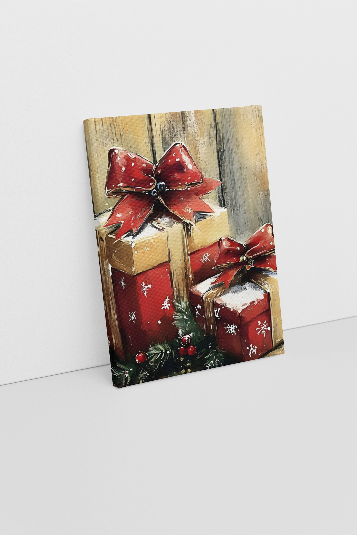 Festive Holiday Gift Boxes Canvas Art – Red and Gold Christmas Gift Stack with Bow and Snowflakes | Perfect Holiday Wall Decor