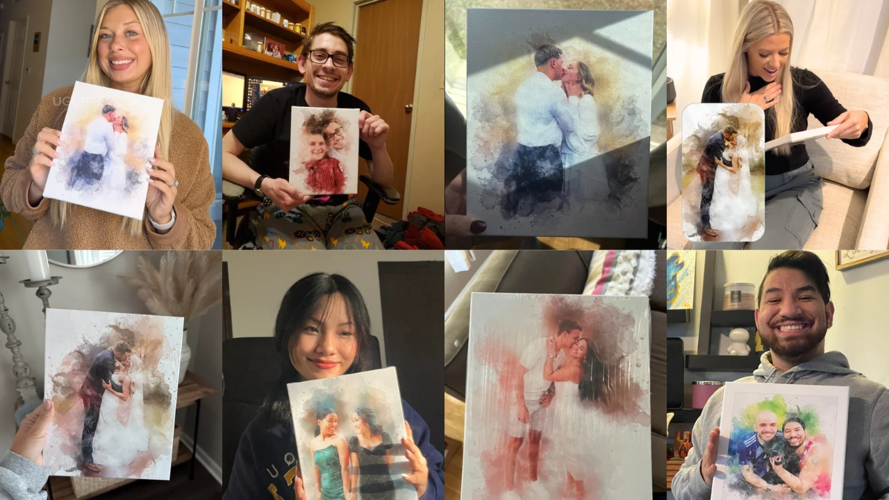 Personalised Watercolour Portrait - Photo to Watercoulor Paint, Family, Couple Printed On Canvas, Framed, Prints